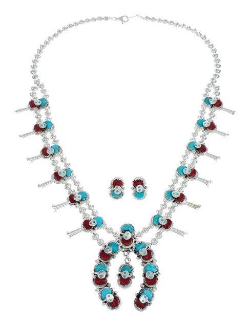 Zuni Turquoise And Coral Snake Squash Blossom Necklace And Earrings Set NN20161